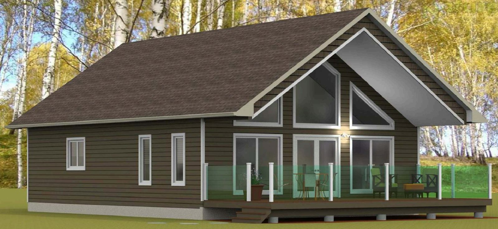 Rendering of a cabin-style home with a tall glazed gable and covered deck.